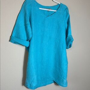FLAX Turquoise Tunic Top or Mini Dress Oversized 3/4 sleeves Size M